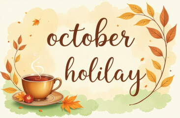 "October Holiday" in Graceful Calligraphy with Cozy Autumn Elements, Pastel Watercolor Background, and Warm Seasonal Atmosphere