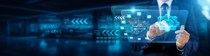 Access management. Businessman touching interface and initiating, access management system, security control measures, identity verification process, data authorization concept.