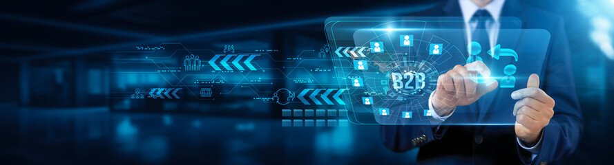 B2B. Businessman touching interface and seamlessly connecting, enhancing operational efficiency, driving scalable growth, streamlining business processes, empowering B2B digital transformation concept