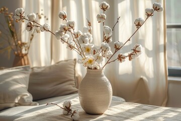 Cozy Home Interior with Beige Table and Cotton Flowers