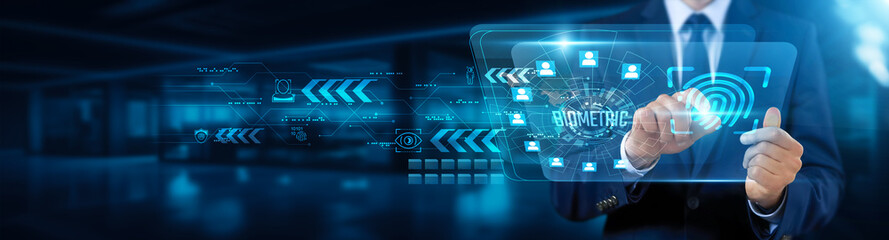 Biometric. Businessman touching interface and biometric, facial recognition technology, fingerprint scanning authentication, voice identification concept.