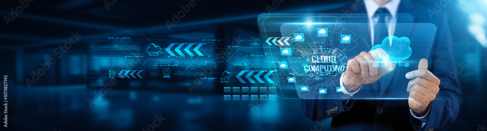 Poster cloud computing. businessman touching interface and accessing, cloud computing resources, expanding 