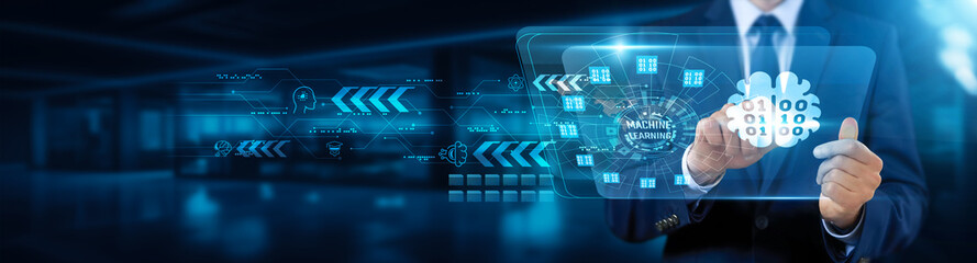 Businessman touching interface and analyzing patterns, predicting future outcomes, automating decision-making, recognizing complex data structures, enhancing operational efficiency, machine learning.