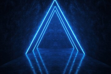 A futuristic scene featuring glowing blue neon triangles in a dark, textured environment. The floor reflects the light, enhancing the ambiance