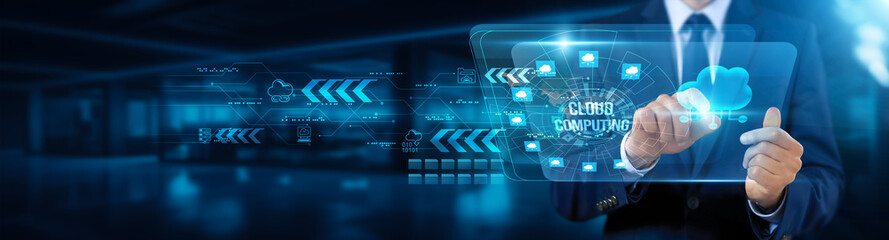 Cloud computing. Businessman touching interface and accessing, cloud computing resources, expanding business capabilities, enhancing data storage, utilizing flexible infrastructure.