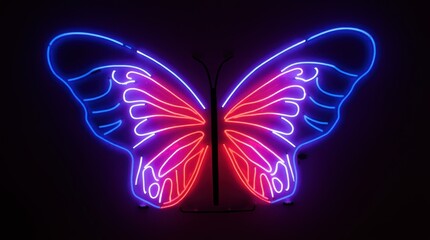 A neon installation with large illuminated butterfly wings on a dark background.