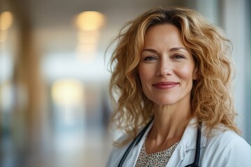 Confident female doctor in a medical facility smiling warmly during her workday