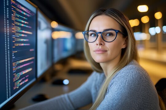 A professional woman explains cybersecurity protocols to her team in a high-tech workspace with monitors displaying data