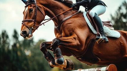Obraz premium Side view of a rider guiding their horse mid-air over an obstacle, hooves barely grazing the fence