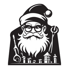  Santa’s Workshop with Tools silhouette vector art black color design and solid white background 