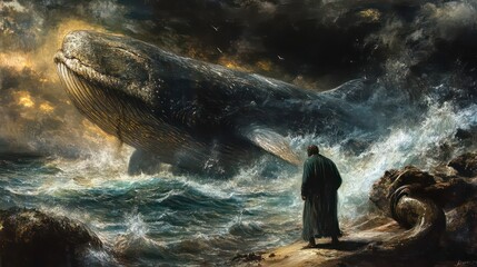 Fototapeta premium A solitary figure gazes at a massive whale amidst turbulent seas and dramatic skies.