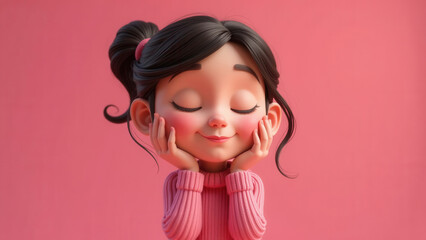 Cute cartoon girl dreaming with closed eyes, holding cheeks, wearing pink sweater, against vibrant pink background
