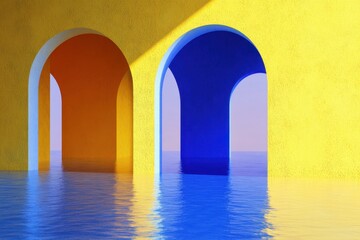 Surreal image of two colorful arches, one yellow and one blue, standing in calm water with a clear sky