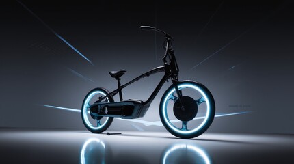 A futuristic electric bicycle with transparent glowing wheels displayed in a minimalistic studio.