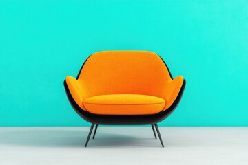 Modern Orange Armchair with Black Legs, Set Against a Vibrant Turquoise Wall, Creating a Bold and Stylish Contrast