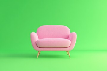 Modern Pink Armchair with Wooden Legs Against a Bright Green Background