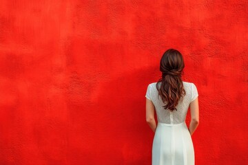 Fototapeta premium A woman in a white dress stands in front of a vibrant red wall during daylight hours