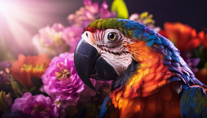 Glowing macaw parrot the flowers. ai generated