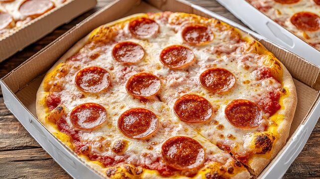 Frozen pepperoni pizza in packaging, handmade look, closeup of icy toppings and crust, set on rustic wood table, freeze pizza, packaging, rustic