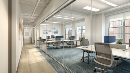View of a sleek, modern office through glass doors, showing open desks, minimalist decor, and natural light flooding the space.