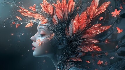 A surreal depiction of a woman with floral and leaf elements in her hair, showcasing a blend of nature and art.