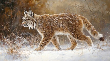 Obraz premium Lynx Walking in Snowy Forest with Soft Winter Light