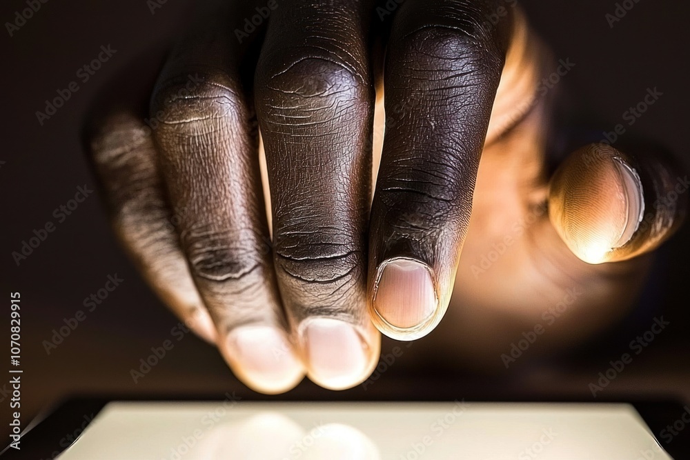 Aufkleber close-up of a black hand interacting with a touchscreen device