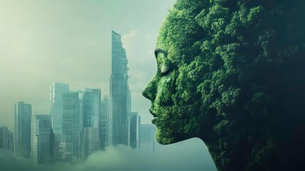 Sustainable environment concept. The image depicts human thinking towards preserving nature, reducing carbon footprint and building sustainable urban community for green future.