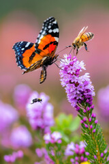 National Heather Day. A red admiral butterfly and a bee rest on blooming purple heather in a vibrant meadow, showcasing the intricate beauty of pollinators and wildflowers.