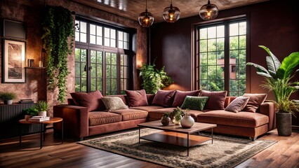 Elegant Living: A Cozy Modern Home Interior with Warm Tones and Stylish Décor, Featuring a Comfortable Sofa and Artistic Accents for a Welcoming Atmosphere