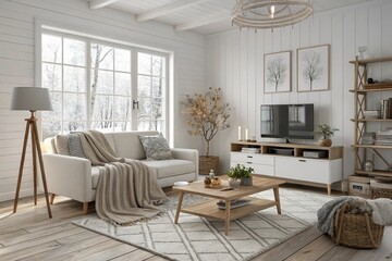 Cozy Scandinavian living room, white walls, large windows, natural light, wooden floor, gray armchair, knitted throw blanket, wooden TV stand, round coffee table, floor lamp, potted plant, woven rug, 