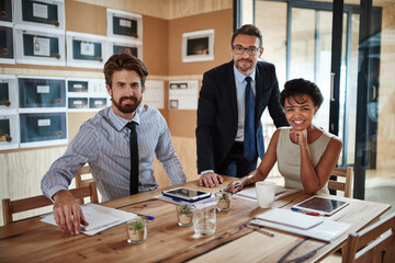 Designers, portrait and happy in office with collaboration, ambition and teamwork at tech. Journalist people, project management and smile in agency for business growth, magazine editing and about us