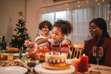 Celebrate Christmas at Home, Happy Family Dinner with Father, Mother, Children Gathered, Enjoying Festive Food Table Together, Smiling Embracing Joy of Holiday Season in a Warm Indoor Setting