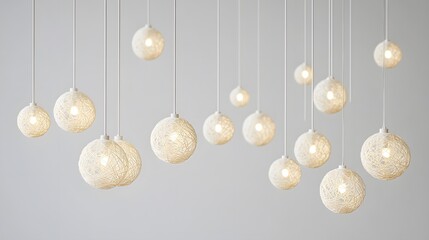 White Woven Sphere Pendant Lights Hanging from Ceiling