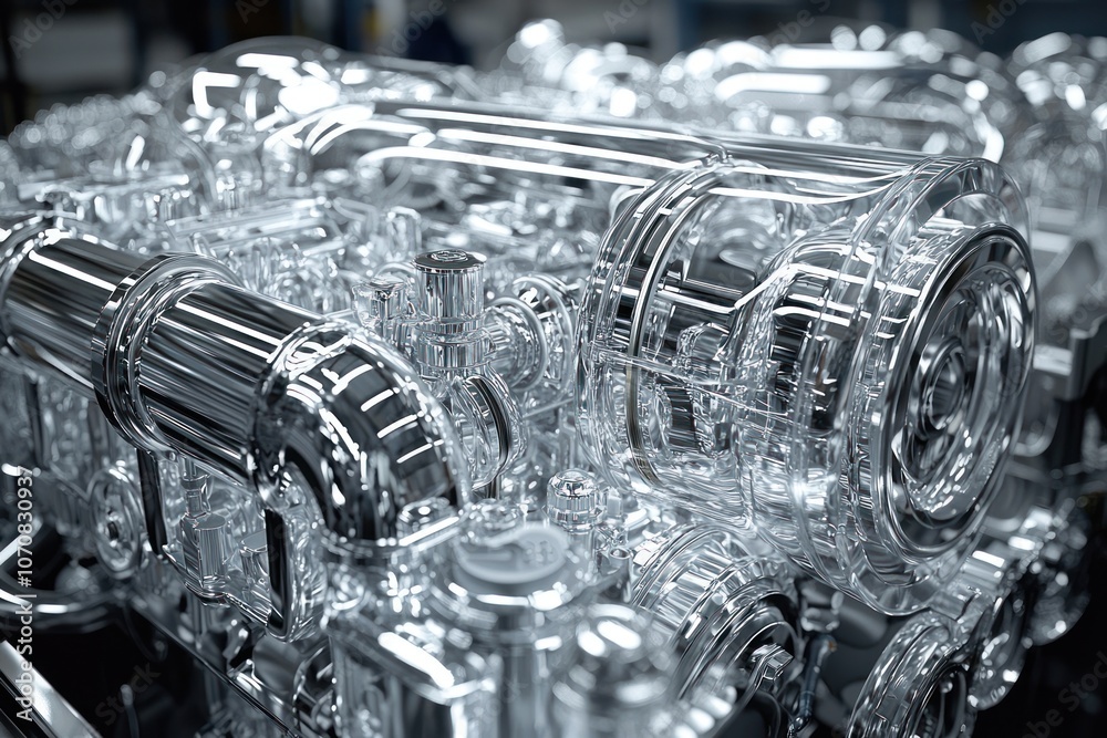 Poster close-up of a shiny chrome-plated engine