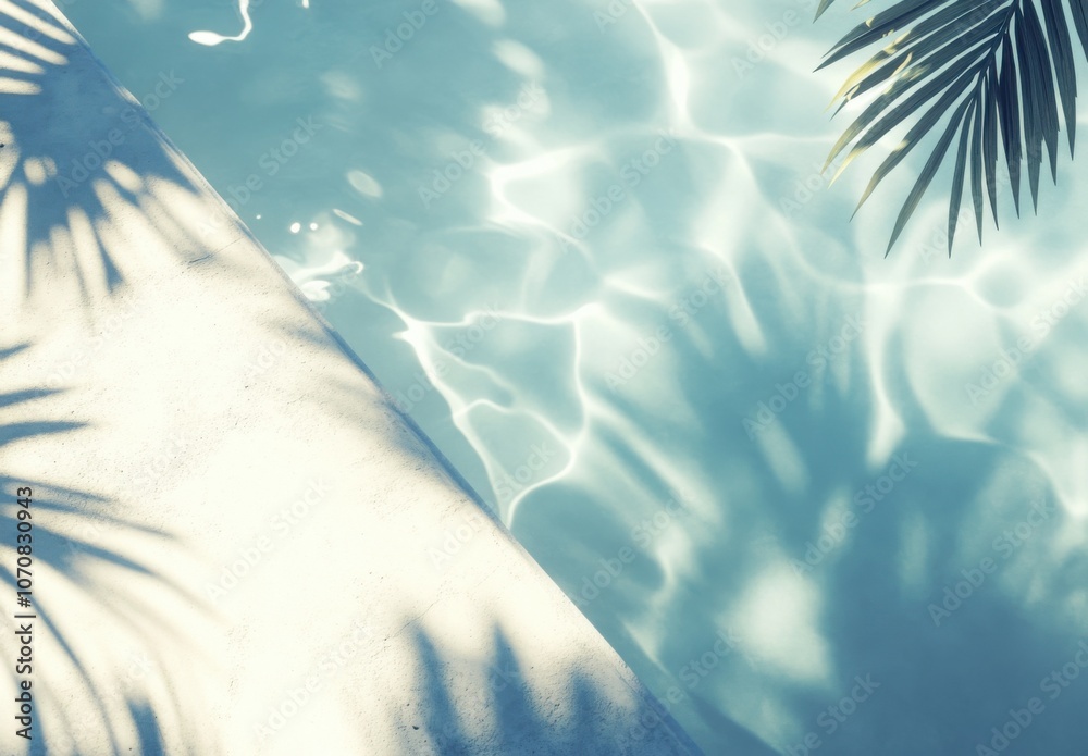 Poster a close-up of the edge and water surface of an outdoor swimming pool, with light blue tones and palm