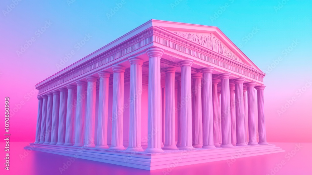 Poster stylized illustration of a classic building with columns, set against a pink and blue gradient backg