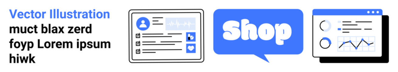User interface header with a profile card, Shop button, and analytics graph on blue and white background. Ideal for e-commerce, data analysis, online shopping, website design, business dashboard