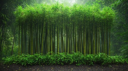 A dense grove of bamboo stalks in a misty forest.