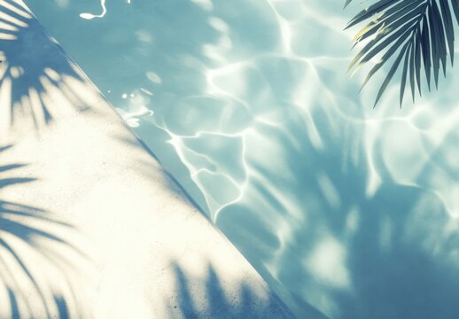 A close-up of the edge and water surface of an outdoor swimming pool, with light blue tones and palm leaves casting shadows on it. The background is clean and clear, creating a relaxed atmosphere.