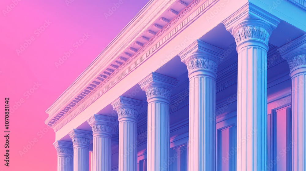 Poster stylized illustration of a classic building with columns, set against a pink and blue gradient backg