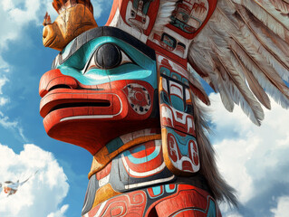 A traditional First Nations totem pole, intricately carved and painted, standing tall against a blue sky.