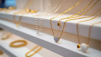 Gold jewelry store showcases a wide array of exquisite necklaces and accessories in a bright, inviting display