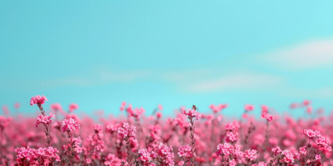 Fototapeta premium National Heather Day. A field of vibrant pink wildflowers stretching to the horizon beneath a bright blue sky, evoking a sense of tranquility and boundless natural beauty.