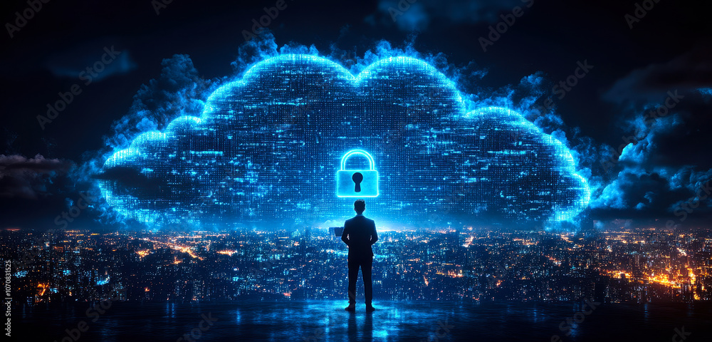 Poster businessman secures data using cloud computing technology with digital padlock visualization