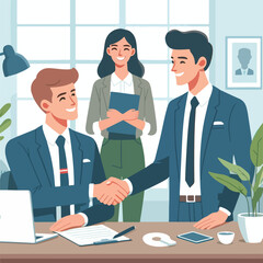 People shaking hands at work - Two businesspeople, man and woman doing handshake in office at work while smiling over business agreement and deal. Flat design stock illustration on white background