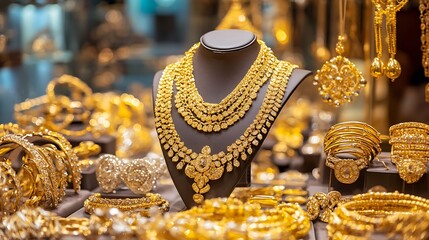 A stunning display of intricate gold jewelry in a store showcasing elegant necklaces, bracelets, and earrings