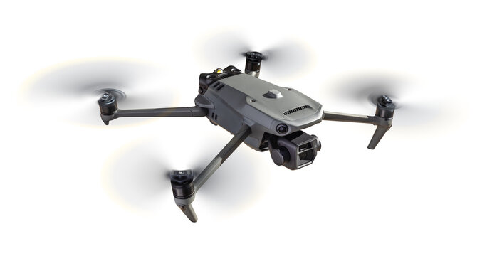 Isolated Front View of a Drone Quadcopter UAV In Flight. Transparent PNG.