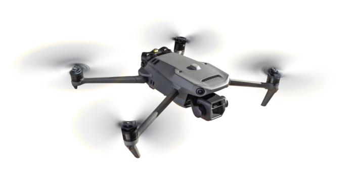 Isolated Front View of a Drone Quadcopter UAV In Flight. Transparent PNG.