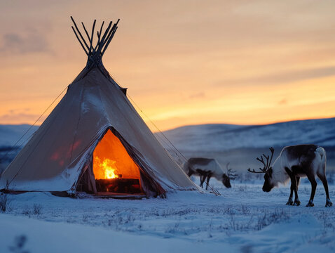 A traditional Norwegian Sami tent (lavvu) set up in a snowy landscape, with reindeer grazing nearby.